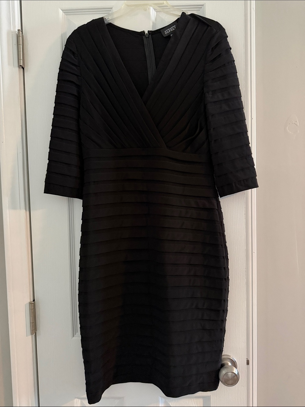 Adrianna Papell Black Pleated V-Neck Midi Dress